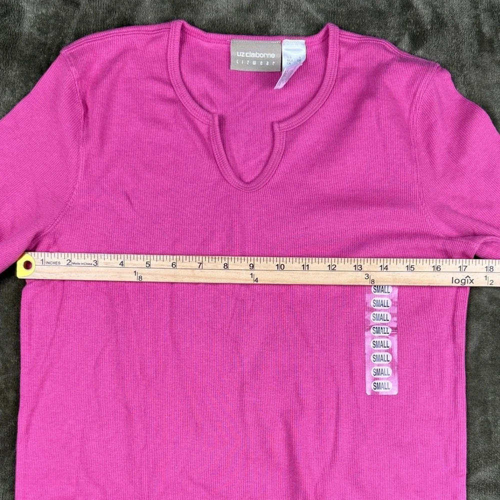 Vintage Y2K Liz Claiborne Lizwear Pink Rib Knit Long Sleeve Top Women Sm Stretch - Picture 8 of 10